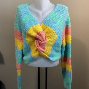 Buffalo David Bitton Rainbow Front Knot Cropped Sweater Size Large